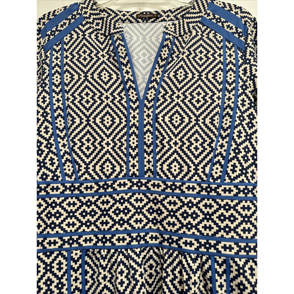 J. McLaughlin A Line V Neck 3/4 Sleeve Side Zip Dress Sz M Blue Geometric Nylon - Picture 5 of 10